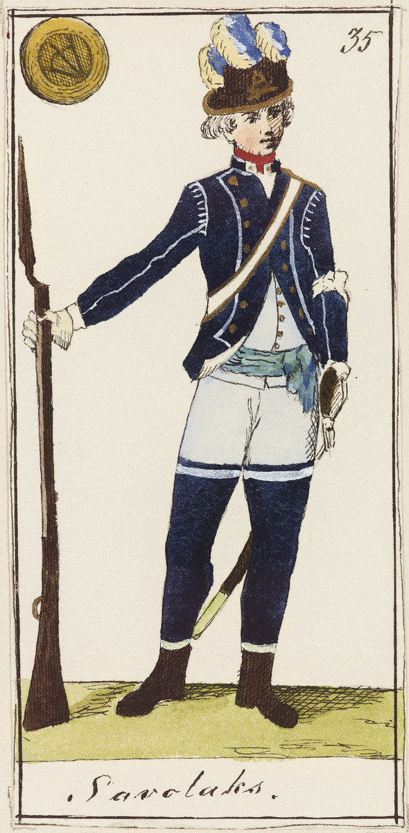 Savon jalkaväkirykmentin univormu. Alkuperäisen kuvan tekijä Carl Gustav Roos. Jäljentäjä E. Y. Palmér 1890. Museovirasto.