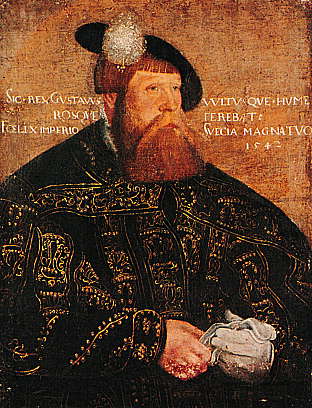 Gustav Vasa. Muotokuva valmistui 1542 kun kuningas Kustaa Vaasa julisti erämaat kruunun omistukseen ja alkoi suosia niiden uudisasuttamista. Kuva Kansallismuseo.