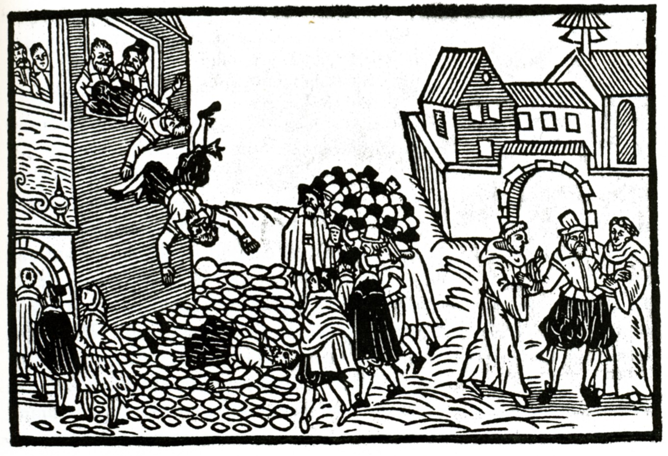 Lentolehtinen vuodelta 1618 kuvaa defenestraatiota Prahassa. Kuva Wikimedia Commons.